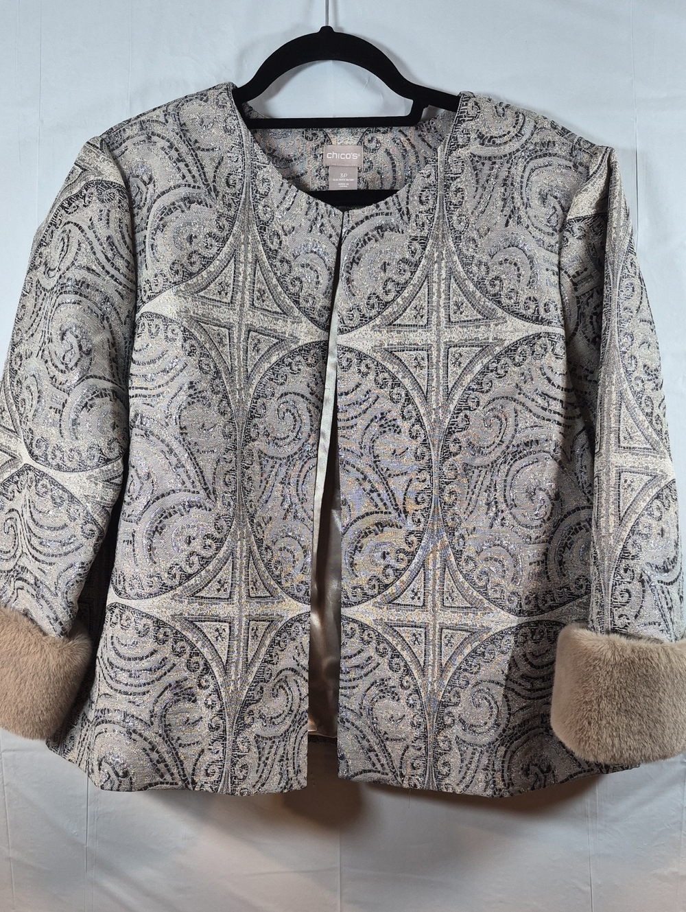Chico's Silver Brocade Jacket with Faux Fur Cuffs